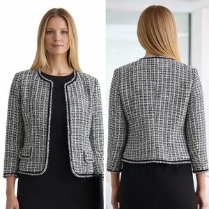 Max Studio Bouclé Blazer Black White Fringe Trim Collarless Jacket Large EUC